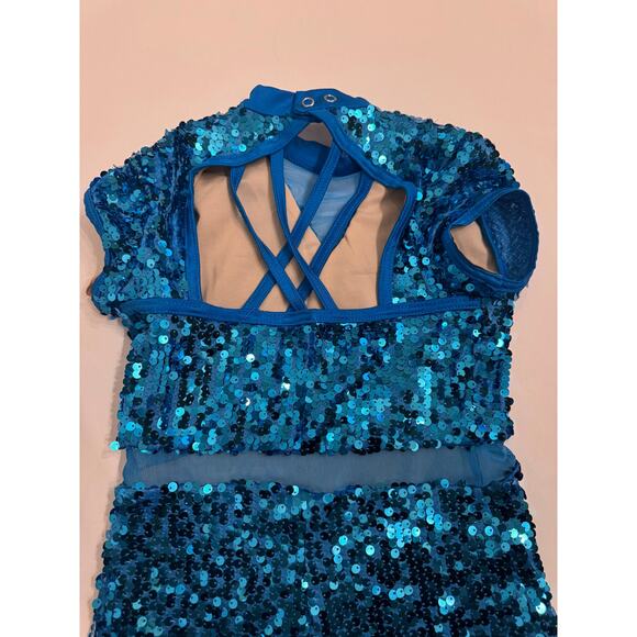 Weissman Crowd Go Crazy Blue Sequin Cap Sleeve Biketard Size MC Medium Child - Picture 7 of 8